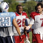 Arizona Cardinals quarterback Matt Leinart (7) reaches out to shake hands with Tennessee Titans safety Donnie Nickey (23) after NFL football practice on Wednesday, Aug. 25, 2010, in Nashville, Tenn. The Cardinals and Titans held a combined practice two days after playing a preseason game against each other. Cardinals running back Beanie Wells (26) looks on. (AP Photo/Mark Humphrey)