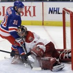 Phoenix Coyotes goalie Jason LaBarbera (1) blocks a shot on the goal by New York Rangers' Alexander Frolov (31), of Russia, during the second period of an NHL hockey game Thursday, Dec. 16, 2010, in New York. (AP Photo/Frank Franklin II)