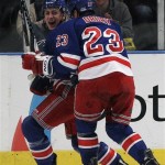 New York Rangers' Derek Stepan, left, celebrates with teammate Chris Drury (23) after scoring a goal during the third period of an NHL hockey game against the Phoenix Coyotes, Thursday, Dec. 16, 2010, in New York. the Rangers won the game 4-3 in a shootout. (AP Photo/Frank Franklin II)