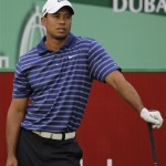 Tiger Woods reacts on the 2nd hole during the Pro-Am at the Emirates Golf Club a day ahead of Dubai Desert Classic golf tournament in Dubai, United Arab Emirates, Wednesday Feb. 9, 2011. (AP Photo/Kamran Jebreili)