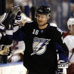 Tampa Bay Lightning's Teddy Purcell celebrates a first-period goal in an NHL hockey game against the Phoenix Coyotes, Wednesday, Feb. 23, 2011, in Tampa, Fla. (AP Photo/Mike Carlson)