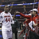 Ohio State's William Buford (44) bumps fists with the band after a 75-46 win over Texas-San Antonio in an East regional NCAA college basketball tournament second round game Friday, March 18, 2011, in Cleveland. Ohio State advances to the third round Sunday. (AP Photo/)
