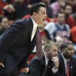 Arizona coach Sean Miller yells out to his team during the first half against Duke in a West regional semifinal in the NCAA college basketball tournament Thursday, March 24, 2011, in Anaheim, Calif. (AP Photo/Jae C. Hong)