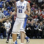Duke's Miles Plumlee reacts during the first half against Arizona in a West regional semifinal in the NCAA college basketball tournament, Thursday, March 24, 2011, in Anaheim, Calif. (AP Photo/Jae C. Hong)