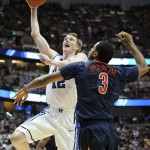 Duke's Kyle Singler (12) shoots in front of Arizona's Kevin Parrom (3) during the first half of a West regional semifinal in the NCAA college basketball tournament Thursday, March 24, 2011, in Anaheim, Calif. (AP Photo/Mark J. Terrill)