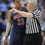 Arizona's Derrick Williams talks with an official during a stoppage in play against Duke during the first half of a West regional semifinal in the NCAA college basketball tournament Thursday, March 24, 2011, in Anaheim, Calif. (AP Photo/Mark J. Terrill)