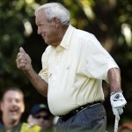 Arnold Palmer reacts to his tee shot on the sixth hole during the Par 3 competition before the Masters golf tournament Wednesday, April 6, 2011, in Augusta, Ga. (AP Photo/Charlie Riedel)