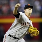 San Francisco Giants pitcher Matt Cain delivers a pitch against the Arizona Diamondbacks during the first inning of an MLB baseball game Friday, April 15, 2011, in Phoenix. (AP Photo/Matt York)
