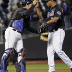 New York Mets catcher Mike Nickeas, left, celebrates with pitcher Francisco Rodriguez after the Mets defeated the Arizona Diamondbacks 4-1 in a baseball game Friday, April 22, 2011 at Citi Field in New York. (AP Photo/Bill Kostroun)