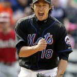 New York Mets reliever Ryota Igarashi reacts to the last out in the Mets' 8-4 win over the Arizona Diamondbacks in a baseball game in New York, Sunday, April 24, 2011. (AP Photo/Paul J. Bereswill)