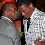 In this photo released by the National Football League Players Association (NFLPA), NFLPA executive director DeMaurice Smith, left, chats with NFL draft prospect Patrick Peterson, at the NFLPA Rookie Debut reception in New York, Thursday, April 28, 2011. (AP Photo/NFLPA, Kevin A. Koski)
