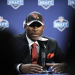 LSU cornerback Patrick Peterson responds to questions during a news conference after he was selected as the fifth overall pick by the Arizona Cardinals in the first round of the NFL football draft at Radio City Music Hall on Thursday, April 28, 2011, in New York. (AP Photo/Stephen Chernin)