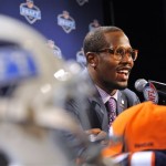 Texas A&M Linebacker Von Miller responds to questions during a news conference after he was selected as the second overall pick by the Denver Broncos in the NFL football draft at Radio City Music Hall on Thursday, April 28, 2011, in New York. (AP Photo/Stephen Chernin)