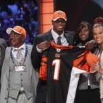 Georgia wide receiver A.J. Green, center, holds up a jersey as he his joined by family after he was selected as the fourth overall pick by the Cincinnati Bengals in the first round of the NFL football draft at Radio City Music Hall Thursday, April 28, 2011, in New York.(AP Photo/Jason DeCrow)