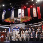 NFL commissioner Roger Goodell speaks as former players and NFL draft prospects look on before the first round of the NFL football draft at Radio City Music Hall on Thursday, April 28, 2011, in New York. (AP Photo/Jason DeCrow)