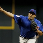 Chicago Cubs' Carlos Zambrano throws against the Arizona Diamondbacks in the first inning during an MLB baseball game, Friday, April 29, 2011, in Phoenix. (AP Photo/Ross D. Franklin)