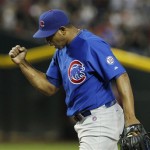 Chicago Cubs' Carlos Marmol celebrates the last out in a win over the Arizona Diamondbacks after the ninth inning during an MLB baseball game Friday, April 29, 2011, in Phoenix. The Cubs defeated the Diamondbacks 4-2. (AP Photo/Ross D. Franklin)