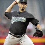 Florida Marlins pitcher Anibal Sanchez delivers a pitch against the Arizona Diamondbacks during the first inning of a baseball game Tuesday, May 31, 2011, in Phoenix. (AP Photo/Matt York)