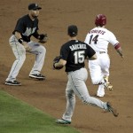 Arizona Diamondbacks' Ryan Roberts (14) gets caught stealing as Florida Marlins' Omar Infante prepares to tag him out on a throw from Gaby Sanchez (15) during the fourth inning of a baseball game against the Tuesday, May 31, 2011, in Phoenix. (AP Photo/Matt York)