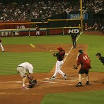 Former Arizona Diamondback Luis Gonzalez connects on a pitch in the All Star Celebrity Softball Game. (Tyler Bassett/ArizonaSports.com)