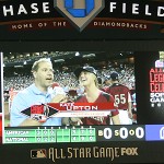 Model Kate Upton is being asked about her softball skills by MLB's Chris Rose at the All Star Celebrity Softball Game (Tyler Bassett/ArizonaSports.com)