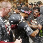 Champagne bottles popped after the Diamondbacks 
clinched their first division title since 2007 
after beating the Giants 3-1. Arizona got to 
celebrate the victory at home in Phoenix on 
September 23.