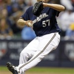 Milwaukee Brewers relief pitcher Francisco Rodriguez throws during the eighth inning of Game 2 of baseball's National League division series against the Arizona Diamondbacks Sunday, Oct. 2, 2011, in Milwaukee. (AP Photo/Jeffrey Phelps)
