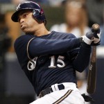 Milwaukee Brewers' Jerry Hairston Jr. hits a double during the sixth inning of Game 2 of baseball's National League division series against the Arizona Diamondbacks Sunday, Oct. 2, 2011, in Milwaukee. (AP Photo/Jeffrey Phelps)
