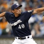 Milwaukee Brewers relief pitcher Takashi Saito throws during the sixth inning of Game 2 of baseball's National League division series against the Arizona Diamondbacks Sunday, Oct. 2, 2011, in Milwaukee. (AP Photo/Jeffrey Phelps)
