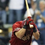 Arizona Diamondbacks' Gerardo Parra reacts after striking out during the fourth inning of Game 2 of baseball's National League division series against the Milwaukee Brewers Sunday, Oct. 2, 2011, in Milwaukee. (AP Photo/Jeffrey Phelps)