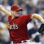 Arizona Diamondbacks starting pitcher Daniel Hudson throws during the second inning of Game 2 of baseball's National League division series against the Milwaukee Brewers Sunday, Oct. 2, 2011, in Milwaukee. (AP Photo/Jeffrey Phelps)
