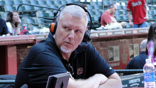 The radio voice of the Diamondbacks, Greg Schulte on the air during the 2012 Subway FanFest on Ariz...