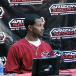 D-backs center fielder Chris Young gets ready to jump on the air on 
Arizona Sports 620. (Photo by Vince Marotta/Arizona Sports)