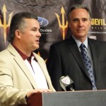 ASU head coach and VP of Athletics Steve 
Patterson speak to the media at a press 
conference in Tempe on April 4, 2012. (Photo: 
Vince Marotta/Arizona Sports)