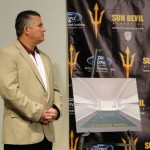 ASU Todd Graham stands beside an artist's 
rendering of the new Sun Devil Stadium. 
(Photo: Vince Marotta/Arizona Sports)