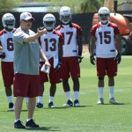 Offensive coordinator Mike Miller gives out 
instruction as some players look on. (Adam 
Green/Arizona Sports)