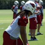 Cardinals receiver Larry Fitzgerald lines up at 
Cardinals OTAs Thursday. (Photo by Adam 
Green/Arizona Sports)