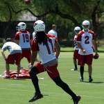 Larry Fitzgerald prepares to catch a pass 
during OTAs Thursday. (Photo by Adam 
Green/Arizona Sports)