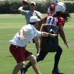 Larry Fitzgerald bounces off a "defender" and 
prepares to catch a pass during OTAs Thursday. 
(Photo by Adam Green/Arizona Sports)