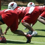 Defensive linemen Darnell Dockett, Dan Williams 
and Calais Campbell get set for a drill during 
OTAs Thursday. (Photo by Adam Green/Arizona 
Sports)