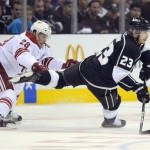 Los Angeles Kings right wing Dustin Brown 
shoots in front ofPhoenix Coyotes left wing 
Lauri Korpikoski of Finland, during the first 
period of Game 3 of the NHL hockey Stanley Cup 
Western Conference finals, Thursday, May 17, 
2012, in Los Angeles. (AP Photo/Mark J. 
Terrill)