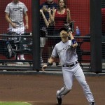 Milwaukee Brewers' Norichika Aoki catches a long fly out hit by 
Arizona Diamondbacks' Paul Goldschmidt during the secventh inning 
of a baseball game, Saturday, May 26, 2012, in Phoenix. (AP 
Photo/Matt York)