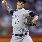 
Milwaukee Brewers' Zack Greinke delivers a pitch against the Arizona 
Diamondbacks during the first inning of a baseball game, Saturday, 
May 26, 2012, in Phoenix. (AP Photo/Matt York)
