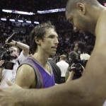 Phoenix Suns guard Steve Nash, left, gets a hug 
from San Antonio Spurs forward Tim Duncan after 
the Spurs beat the Suns, 114-106, in their 
Western Conference playoff basketball game, 
Friday, May 18, 2007, in San Antonio. (AP 
Photo/Matt Slocum)