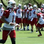 Kevin Kolb prepares to pass in the background 
as receiver Larry Fitzgerald runs his route 
during minicamp Tuesday, June 12. (Craig 
Grialou/Arizona Sports)