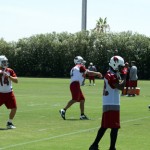 QBs Ryan Lindley and Richard Bartel throw 
passes during minicamp Tuesday, June 12. (Craig 
Grialou/Arizona Sports)