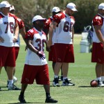 Cardinals RB LaRod Stephens-Howling walks by 
some linemen during morning minicamp Wednesday, 
June 13. (Craig Grialou/Arizona Sports)