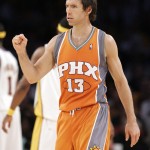 Phoenix Suns' Steve Nash celebrates in the closing minutes of their first round Western Conference NBA playoff game against the Los Angeles Lakers, Sunday, April 29, 2007 in Los Angeles. The Suns won, 113-100. (AP Photo/Mark J. Terrill)
