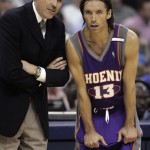 Phoenix Suns head coach Mike D'Antoni talks 
with guard Steve Nash (13) in the first quarter 
of their first-round Western Conference playoff 
game against the Memphis Grizzlies Friday, 
April 29, 2005, in Memphis, Tenn. (AP 
Photo/Mark Humphrey)