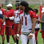 Wide receiver Larry Fitzgerald lines up during Cardinals Training 
Camp in Flagstaff Wednesday. (Photo: Vince Marotta/Arizona Sports)